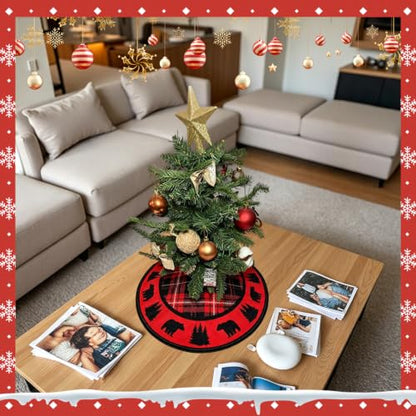 Mini Christmas Tree Skirt Black Bear Red and Black Cabin Plaid 15" - Festive Holiday Decor