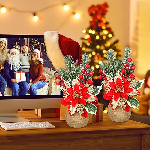 2 Pcs Artificial Christmas Poinsettia Flowers with Holly Berries - Holiday Decor