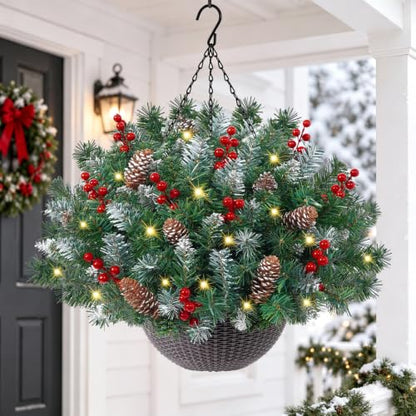 24 Inch Artificial Christmas Hanging Basket with Lights - Outdoor Decor - Variation 1