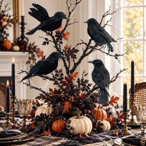4 Pcs Realistic Black Crow Halloween Decor Clip-On Fake Feathered Props
