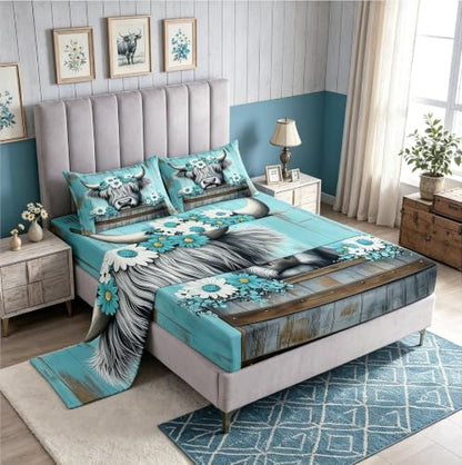 Queen Size Highland Cow Kids Sheet Set with Deep Pockets - Gray & Light Blue