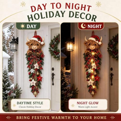 Lighted Highland Cow Christmas Door Swag - Farmhouse Holiday Decor - Orange