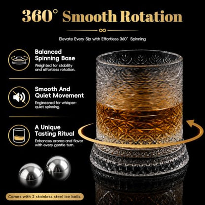 WOCWH Style-A Spinning Whiskey Glass Set of 2 - 10 Oz Crystal Tumblers with Rotating Bases for Bourbon Scotch Rum Cocktails, Unique Christmas Gift