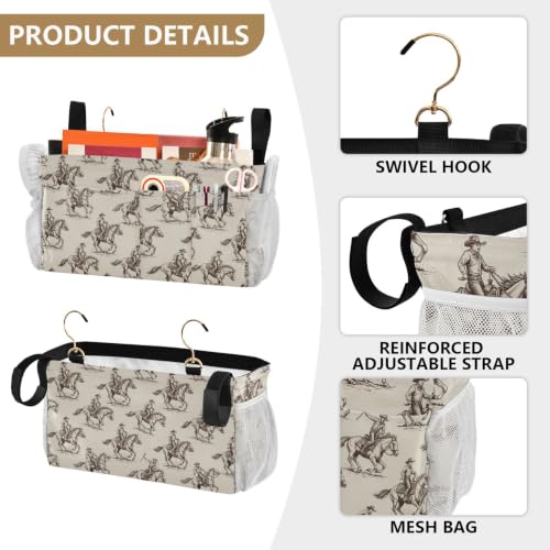 Western Cowboy Pattern Bedside Caddy Organizer with 6 Pockets & Hooks for Bunk Beds
