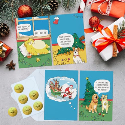 3-Cartoon Christmas Funny Pet Card Set - 24 Holiday Greeting Cards with Envelopes & Seals