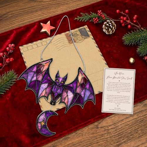 Gothic Bat Suncatcher Halloween Window Decor - Crescent Moon, Purple Stained Glass Style - Bat Lover Gift - Variation of Bat 2
