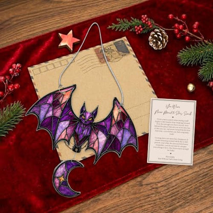 Gothic Bat Suncatcher Halloween Window Decor - Crescent Moon, Purple Stained Glass Style - Bat Lover Gift - Variation of Bat 2