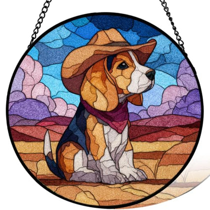 6.3 Inch Beagle Dog Cowboy Hat Stained Glass Window Hanging Sun Catcher - Indoor Decor