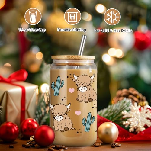 Highland Cow Mug - Rustic Glass Cup with Lid, Straw & Gift Box for Cow Lovers