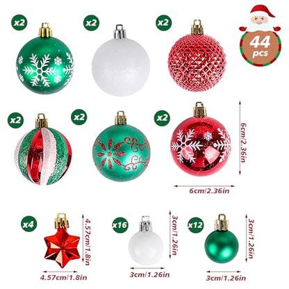 Christmas Ornaments Set 44pcs Red Green White Shatterproof Holiday Decorations
