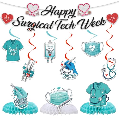Surgical Tech Appreciation Decorations Set with Banner, Swirls & Honeycomb Centerpieces