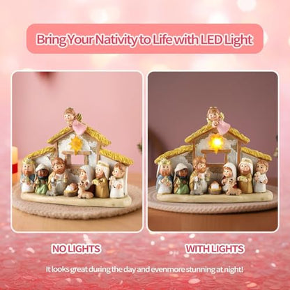 Nativity Scene Set with Praying Angel and LED Lights - 8 Inch Holy Family Statue with Multicolor Stable Variation