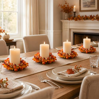 Orange Thanksgiving Candle Rings Set - Fall Pumpkin Wreaths for Decor