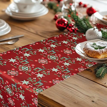 Christmas Table Runner Red with Reindeer Snowflake Geometric Pattern 13x48 Inches - Farmhouse Holiday Decor