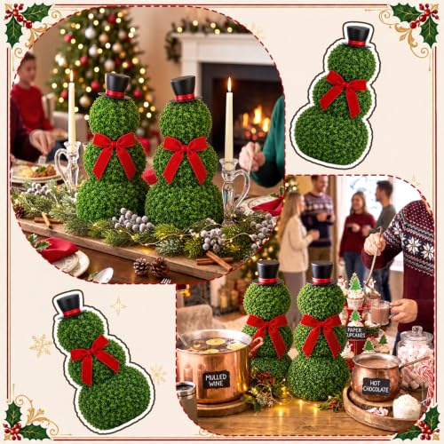 Christmas Snowman Topiary Decor Set - 2 Artificial Holiday Plants, 11.8"