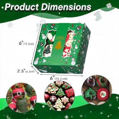 12 Pack Christmas Cookie Boxes with Window & Gold Band - Small 6x6x2.5 Inches, Multi Colors