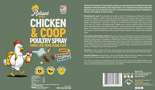 Pet Poultry Flea and Tick Spray - Mite, Lice, Flies Control for Chicken Coop 16oz