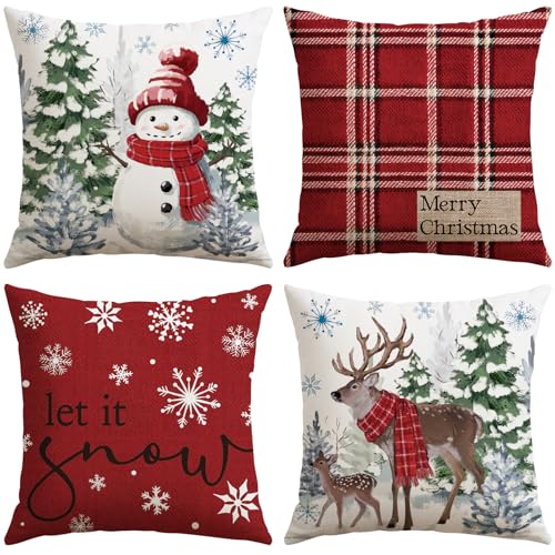 Artscope Christmas Throw Pillow Covers 18x18 Inch Set of 4 Red Scottish Tartan Snowman Reindeer Holiday Decor