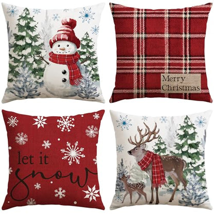 Artscope Christmas Throw Pillow Covers 18x18 Inch Set of 4 Red Scottish Tartan Snowman Reindeer Holiday Decor