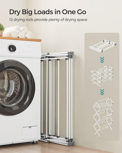 SONGMICS Foldable Clothes Drying Rack - Steel Frame Laundry Airer for Indoor/Outdoor Use | 14.6 x 29.5 x 53.2 Inches, Easy Assembly, White