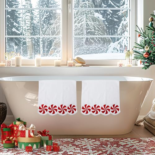 White Christmas Hand Towels Set of 2 - Embroidered Peppermint Candy, Scalloped Edges, 29.5 x 15.7 Inches