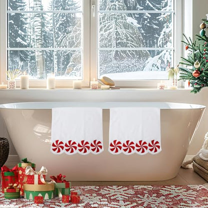 White Christmas Hand Towels Set of 2 - Embroidered Peppermint Candy, Scalloped Edges, 29.5 x 15.7 Inches