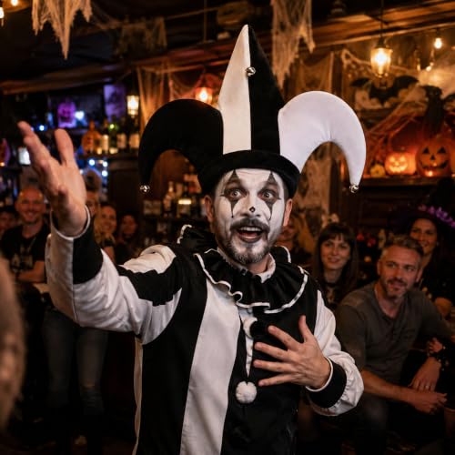 Black & White Jester Hat Costume - Circus Clown Cap for Halloween Carnival - 1pc Jester Variation