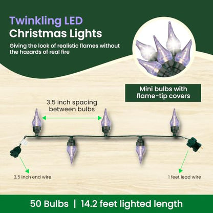 LED Twinkle Flame Tip Christmas Lights - Warm White, 50 Bulbs