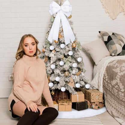 White Christmas Tree Decor Set with Faux Fur Bow Skirt and Ornaments