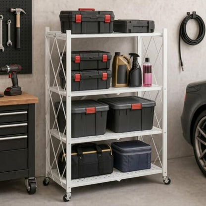 White 4-Tier Foldable Storage Shelves with Wheels - No Tools Needed