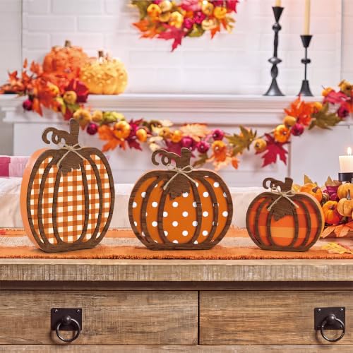 Farmhouse Pumpkin Decor Set - Wooden Autumn Fall Decorations, 3 Pieces