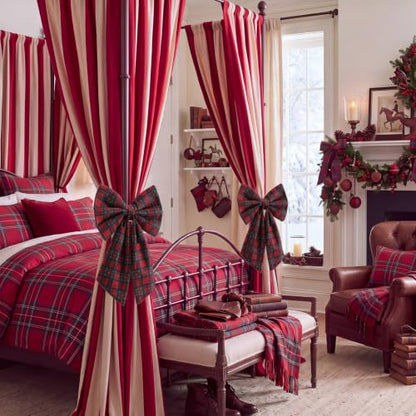 Christmas Plaid Bow Curtain Tiebacks Red Green Tartan Set - Farmhouse Decor