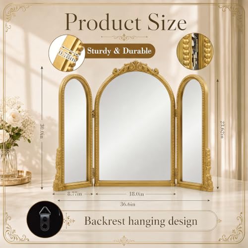 Wonderjune Vintage Gold Arched 3-Way Trifold Vanity Mirror - Baroque Style