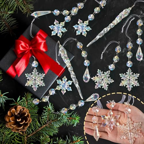 Iridescent Christmas Tree Ornaments Set - 80pcs Snowflake & Icicle Shapes