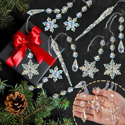Iridescent Christmas Tree Ornaments Set - 80pcs Snowflake & Icicle Shapes