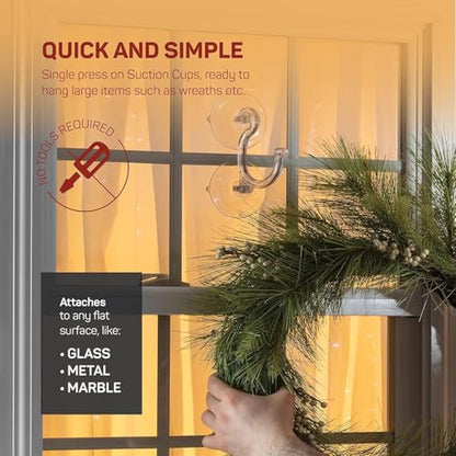 2 Pack Heavy Duty Wreath Hangers for Glass Doors - Suction Cup Christmas Decor