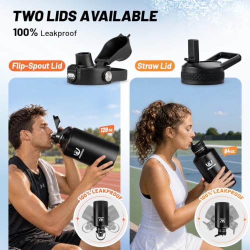 Premium 64oz Insulated Water Bottle Leak Proof with Carrier Bag - Black