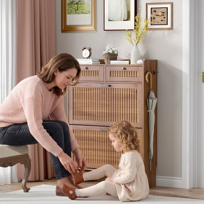 Walnut Fluted Shoe Cabinet with 2 Flip & 2 Top Drawers - Entryway Storage
