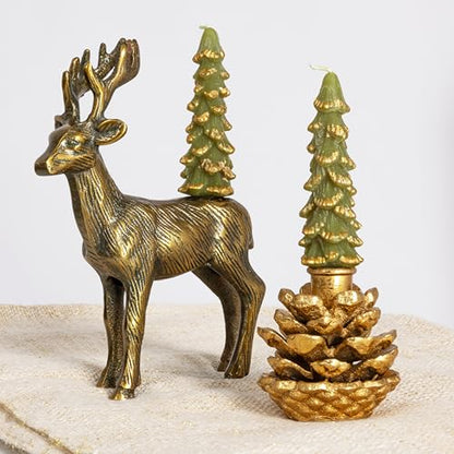 Evergreen Tree Shaped Taper Candles with Gold Tips - Set of 2, 4.75"