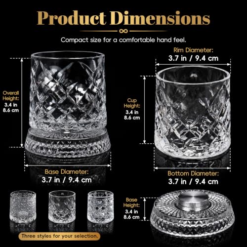 WOCWH Style-A Spinning Whiskey Glass Set of 2 - 10 Oz Crystal Tumblers with Rotating Bases for Bourbon Scotch Rum Cocktails, Unique Christmas Gift