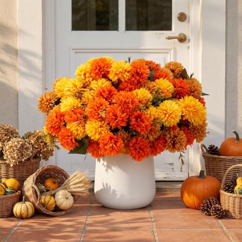 Artificial Fall Flowers Faux Silk Pompom Mums 24 Pack Autumn Decor