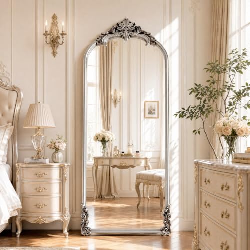 Vintage Arched Floor Mirror 28x69 Inches with Stand - Antique Silver Finish
