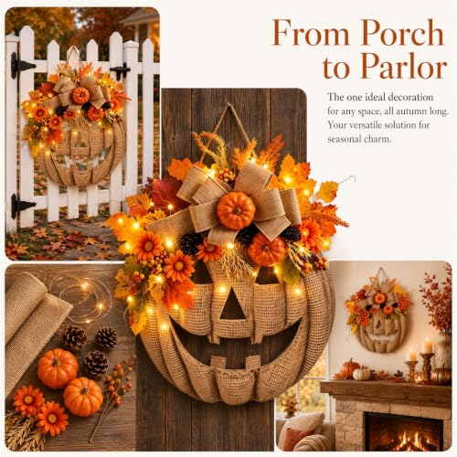 Lighted Burlap Pumpkin Wreath for Front Door - 14 Inch Halloween Fall Decor with Warm LED Lights - Rustic Autumn Wreath with Leaves, Pinecones, and Flowers - Variation of THIS listing