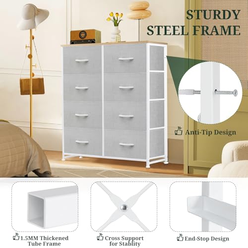 8-Drawer Dresser for Bedroom, Anti-Tip Tall Storage Organizer Chest of Drawers with Wooden Top and Metal Frame Fabric Bins for Closet, Living Room, Hallway, Entryway, Light Gray