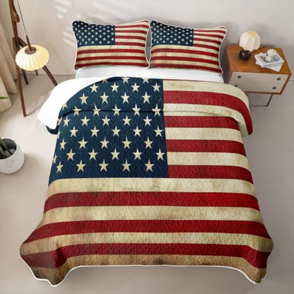 American Flag Quilt Set Star Print Bedspread Queen Lightweight Blanket with Pillowcases - Blue Red Yellow