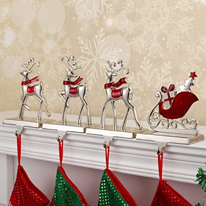 Christmas Stocking Holders Set of 4 Reindeer & Sled Car Hooks Mantle Fireplace Decor