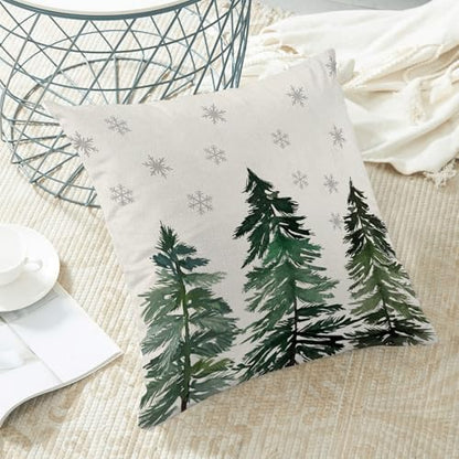 Sage Green Christmas Pillow Covers 18x18 Inch Set of 2 Snowflake & Tree Design