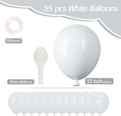 White Latex Balloons - 55-Pack 12-Inch Balloons with Ribbon for Birthday, Graduation & Wedding Decor