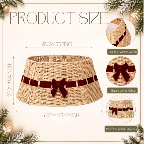 Christmas Tree Collar Basket with Red Velvet Bow 23.6" Wicker Base Cover Rustic - Variation of Red Velvet