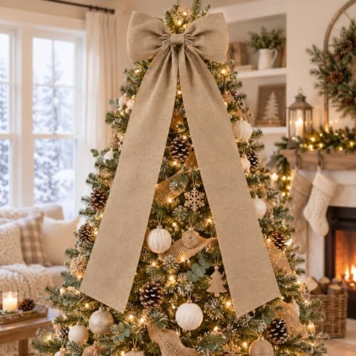 Giant Burlap Christmas Tree Topper Bow - Rustic Holiday Decor
